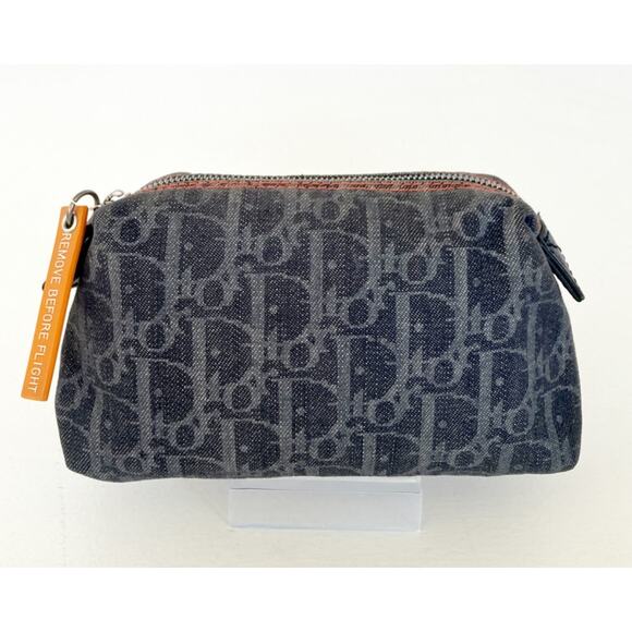 DIOR Blue Oblique Flight Denim Pouch Cosmetic Bag Grey Navy Blue - Picture 1 of 14